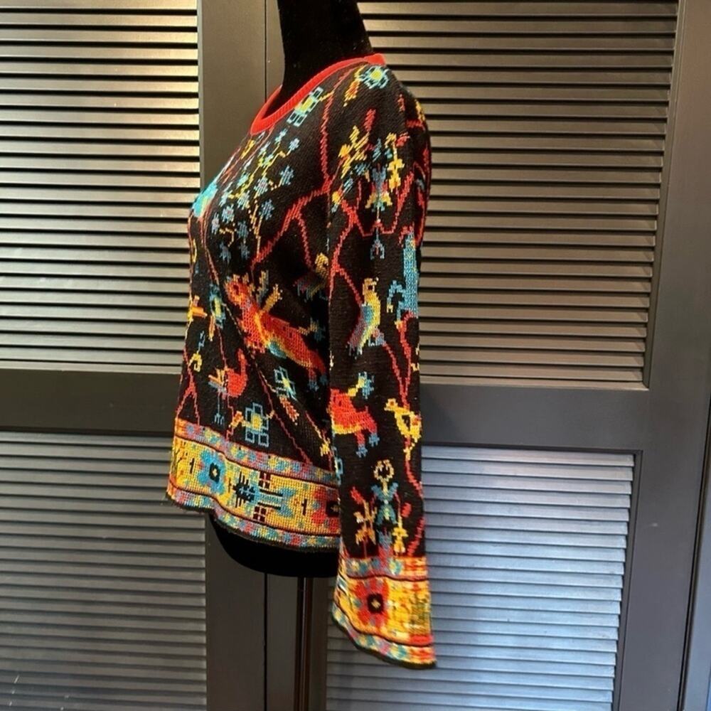 Vintage Boho Sweater, Colorful Plants & Animals on a Black Background, Size S/M - Picture 3 of 11